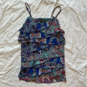 Nicole Miller Paisley Floral blue pink white teal green purple ruffle tank top